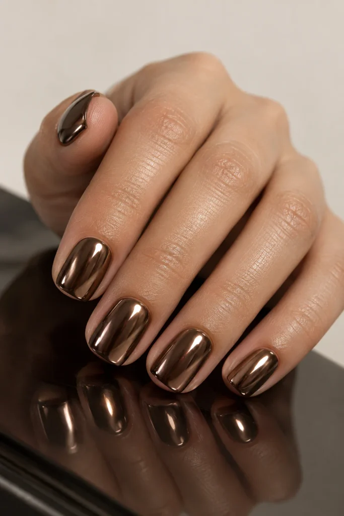 Sleek mocha brown nails with reflective chrome detailing