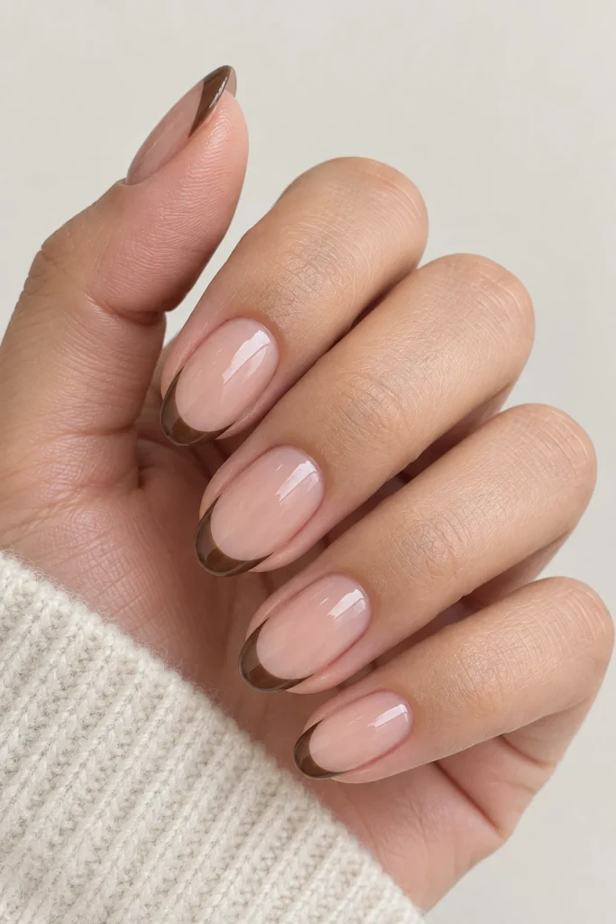 Nude nails with elegant mocha brown French tips