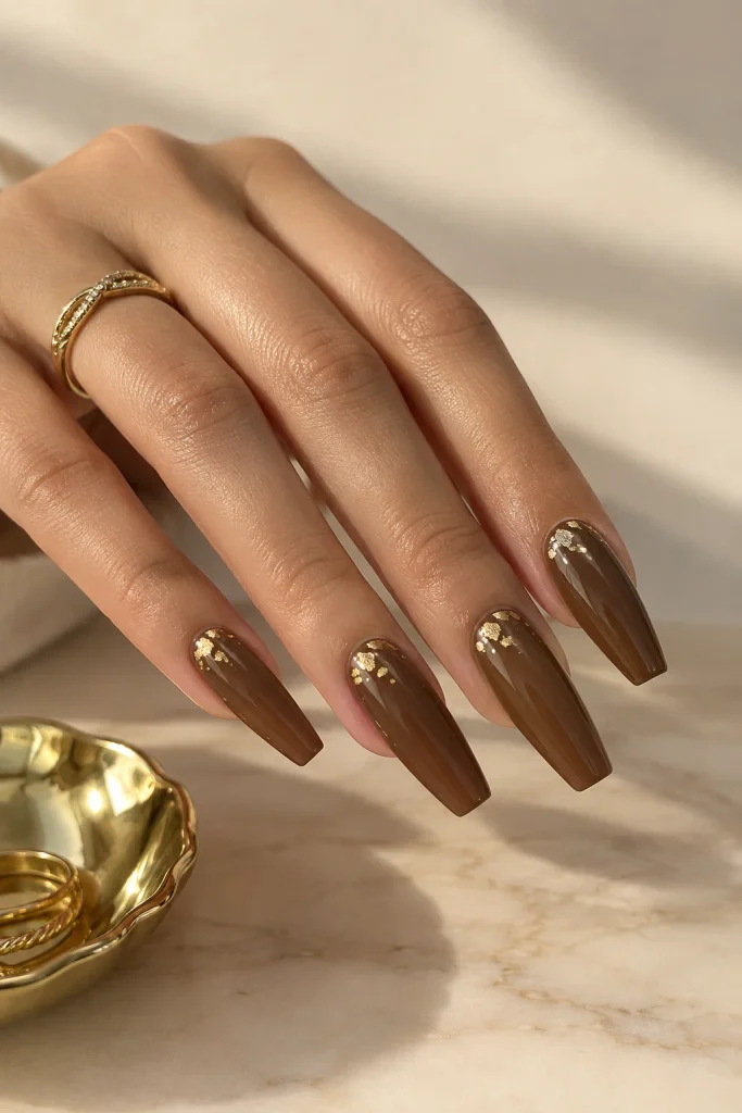 Mocha brown nails decorated with elegant gold foil accents