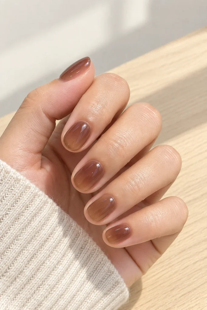 Translucent mocha brown jelly nails with a glossy finish