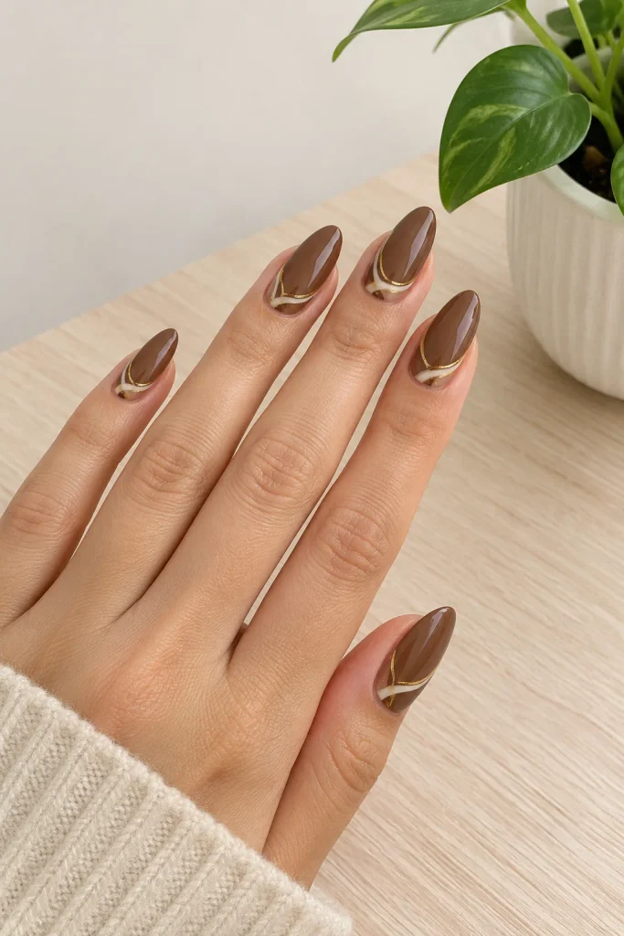 Mocha brown nails with delicate cream and gold line art