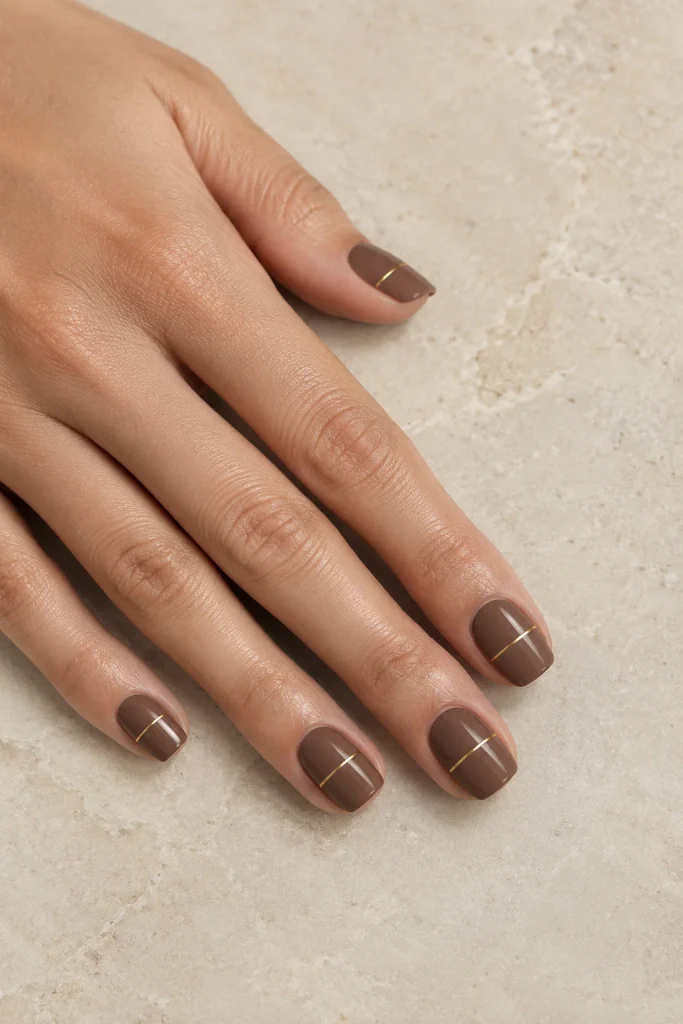 Short mocha brown nails with minimalist line art