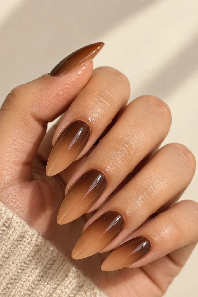 Mocha brown ombre nails fading into caramel beige