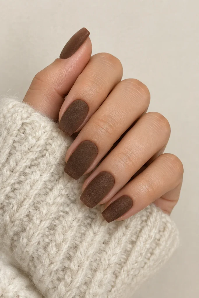 Cozy mocha brown velvet nails with a soft textured finish