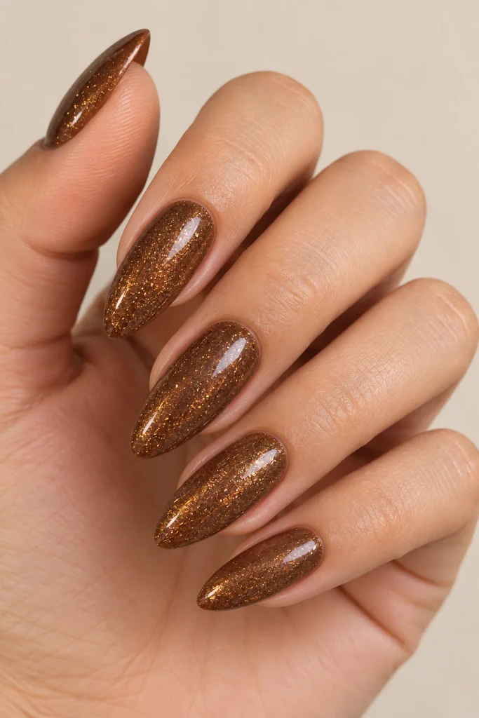 Mocha brown nails with subtle warm golden shimmer