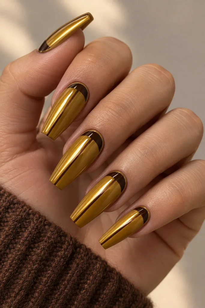 Mustard chrome nails with espresso brown accents