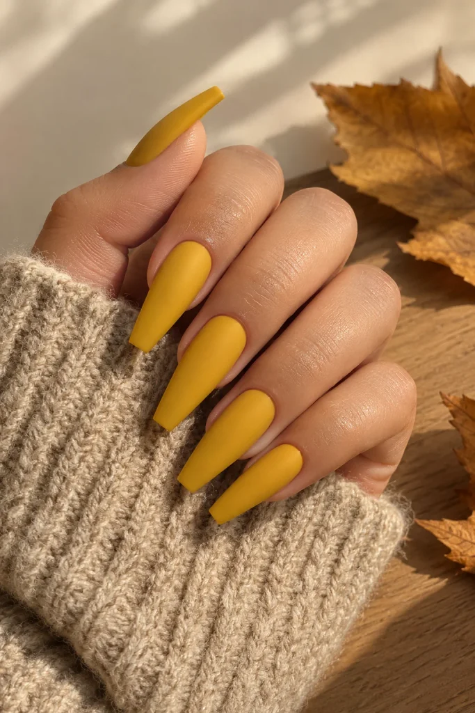Mustard yellow matte coffin nails with a smooth finish