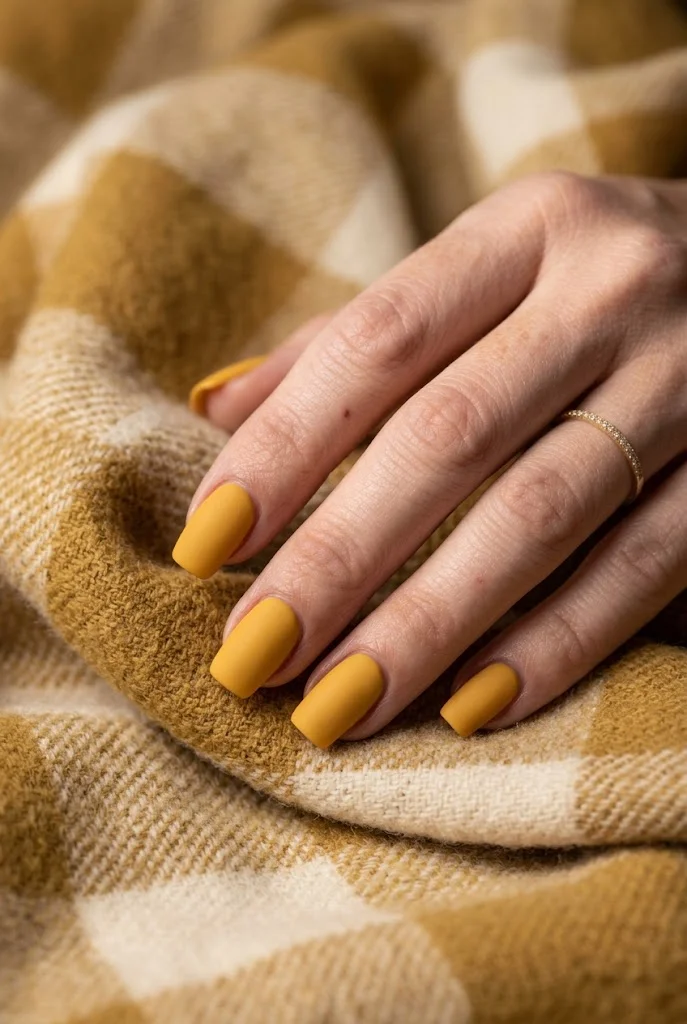 Matte mustard yellow square nails on hand resting on mustard and cream plaid blanket.