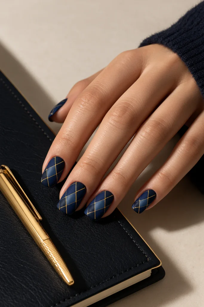 navy and gold argyle print preppy nail design