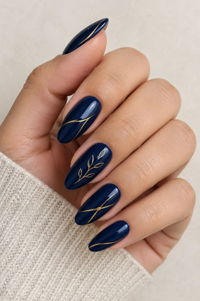Navy nails decorated with delicate minimalist white line art