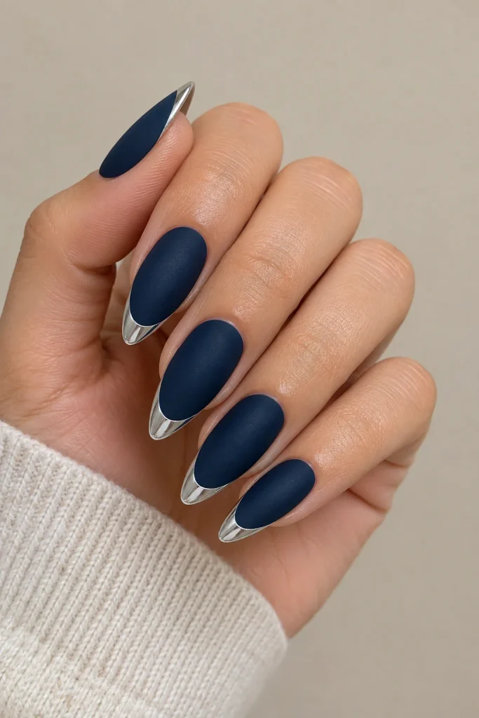 Navy blue nails with silver chrome French tips