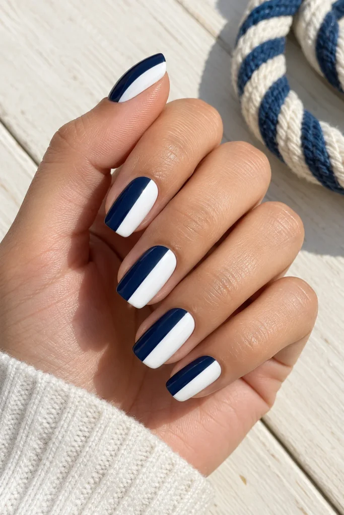 navy and white two tone preppy nail design