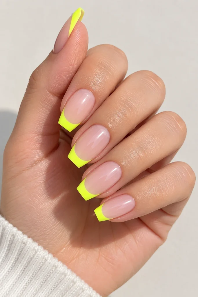 Neon yellow French tip coffin nails with a nude base
