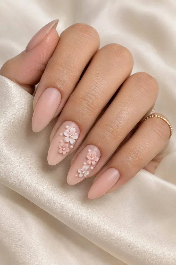 Nude almond nails decorated with raised three dimensional flowers