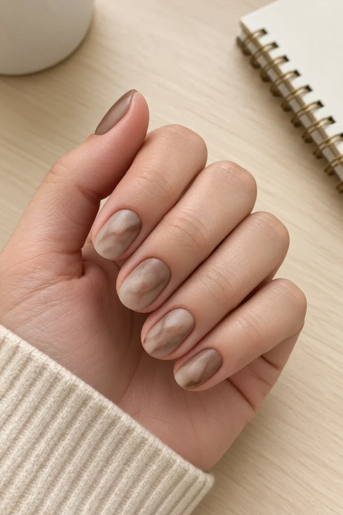 Nude brown marble nails with subtle light streaks