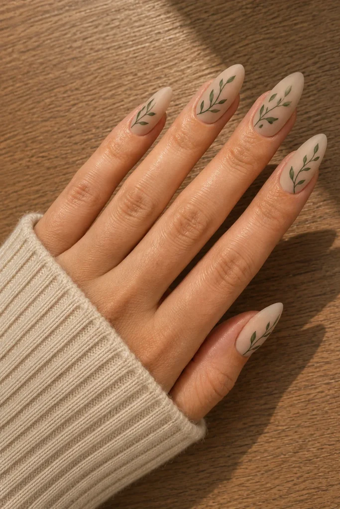 Nude nails with delicate green vine floral detailing