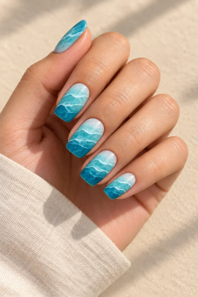 Teal aqua white ocean wave ombre nails