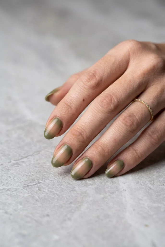 Olive green and nude blended almond nails on hand resting on gray stone surface.