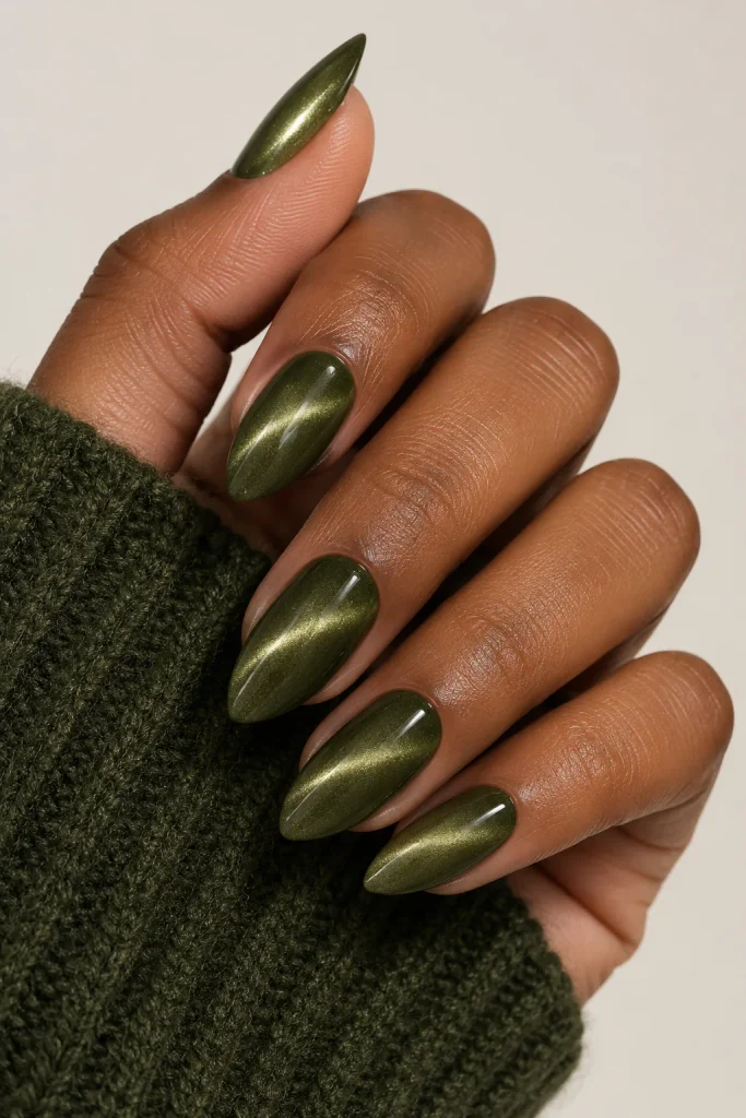 Olive green velvet cat eye nails on dark skin