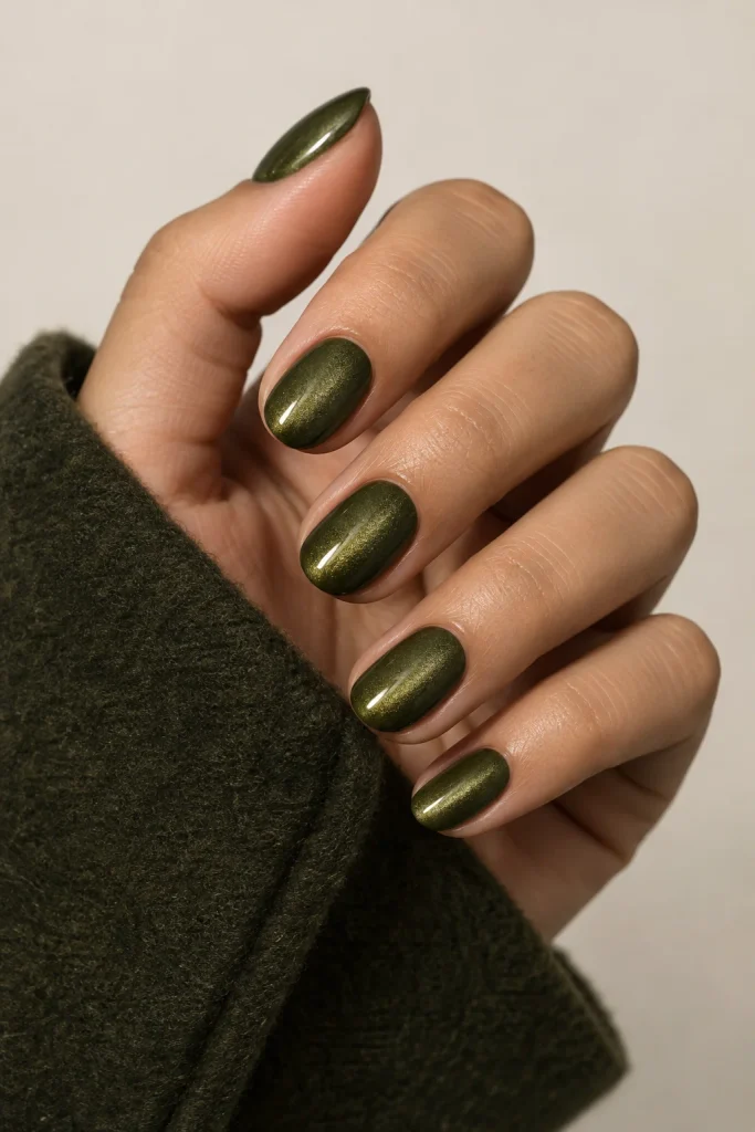 Olive green magnetic velvet nails with silky reflective shine