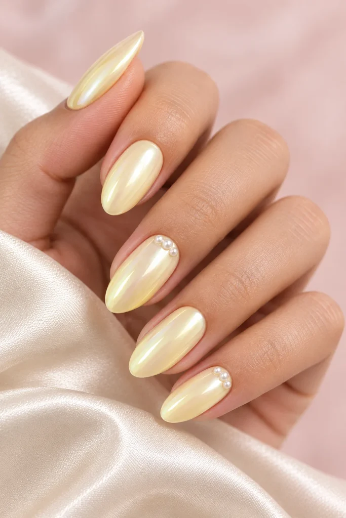 Pale yellow chrome nails with pearl accents