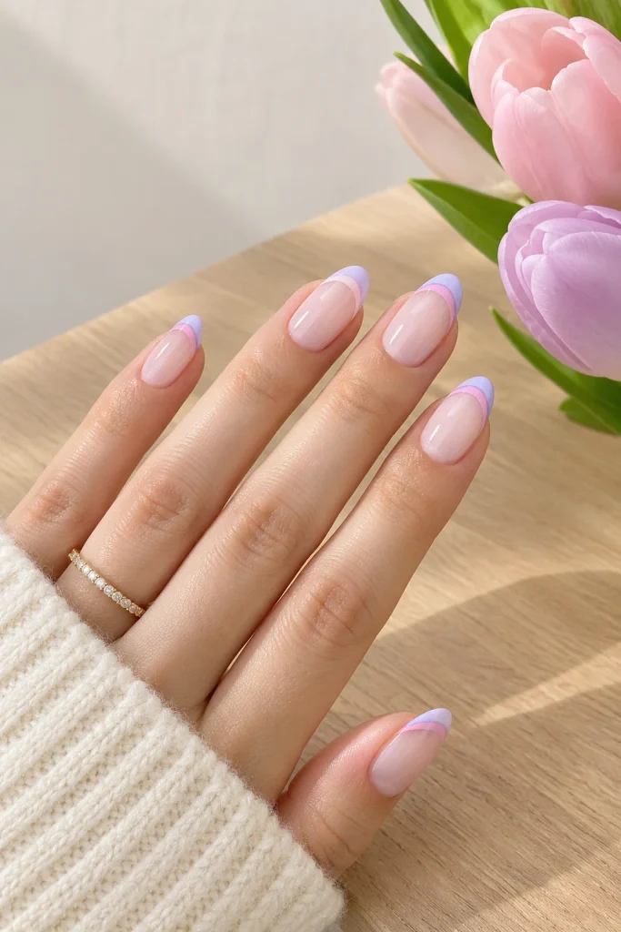 Pastel pink and lilac double French tip nails