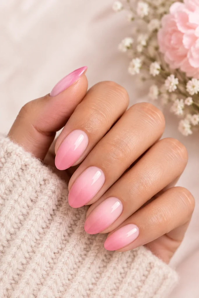 Almond-shaped nails with a soft pastel pink ombre gradient fading toward the tips
