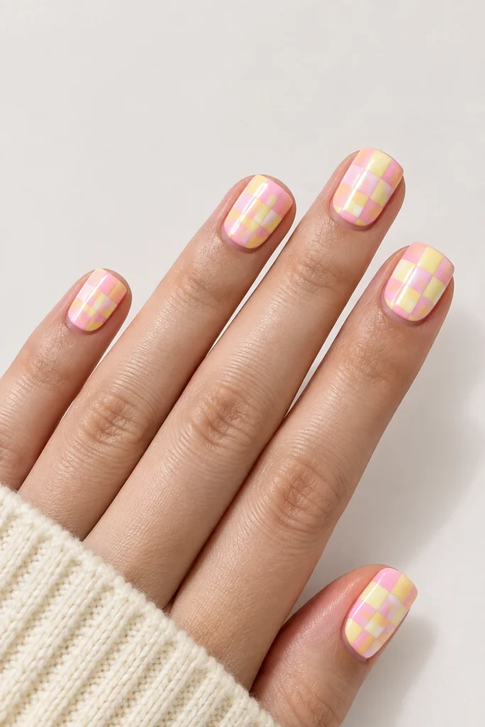 Pastel pink and yellow checkerboard square nail design