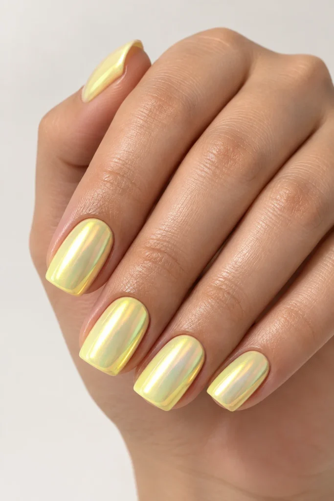 Pastel yellow chrome nails with metallic shimmer