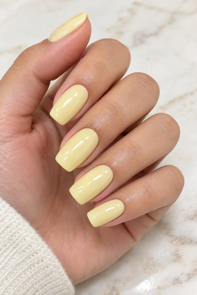 Pastel yellow nails with glazed donut shine