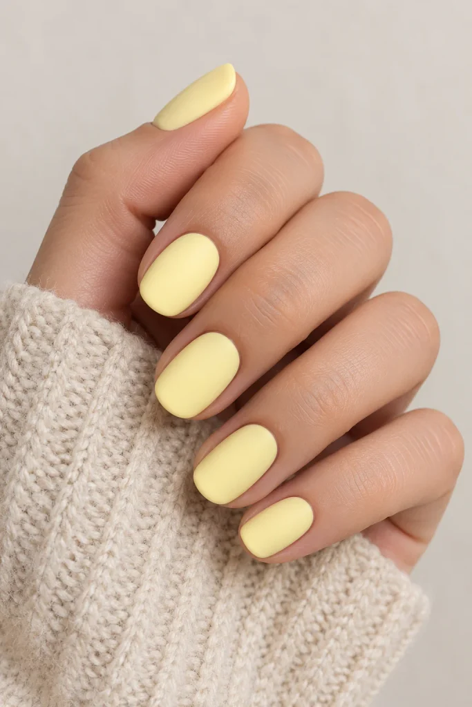 Pastel yellow matte nails with soft velvety finish