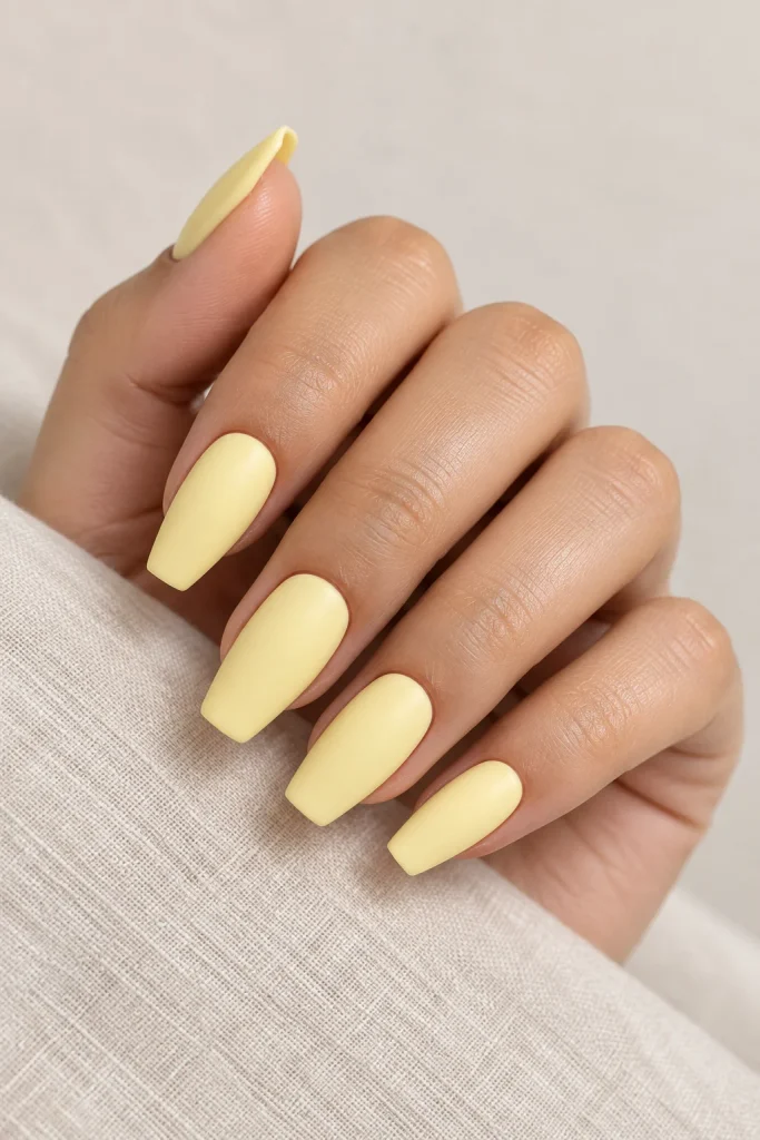 Pastel yellow minimalist coffin nails with a clean finish