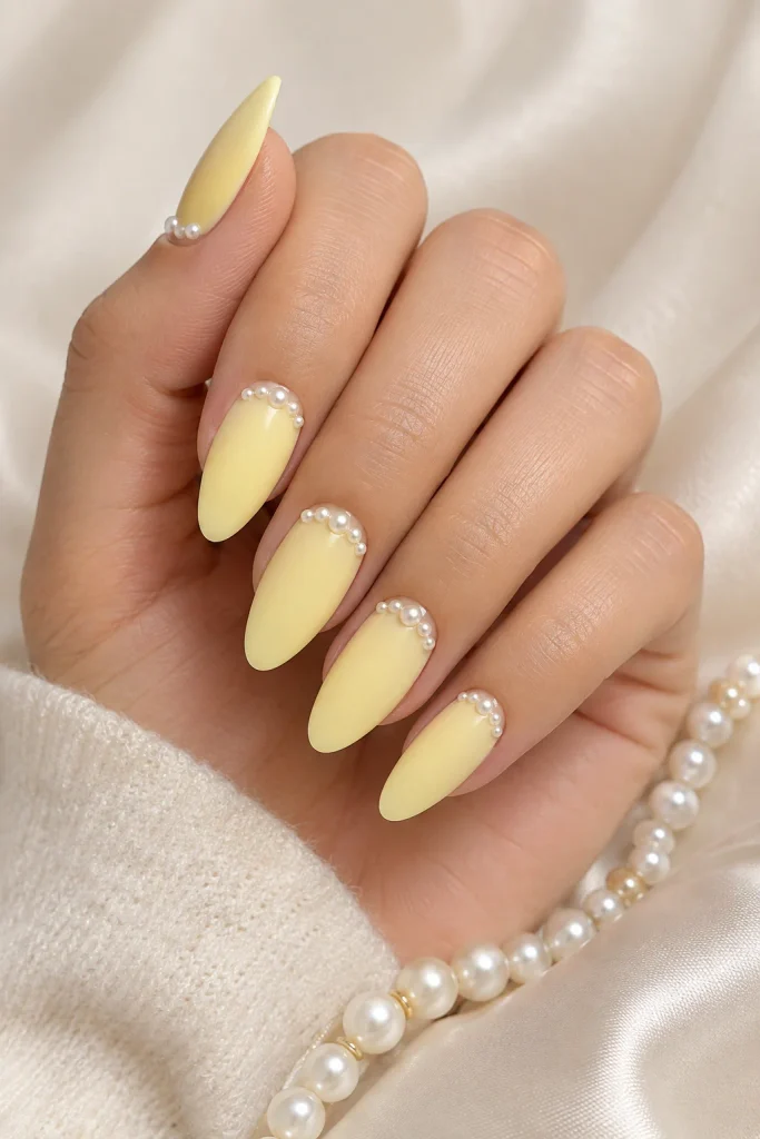 Pastel yellow nails decorated with pearl details