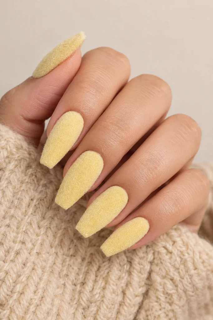 Pastel yellow velvet nails with soft texture