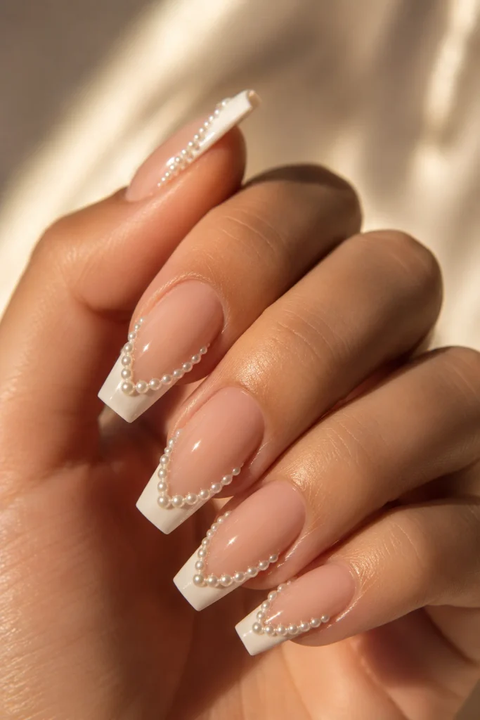 Pearl embellished French coffin wedding nails