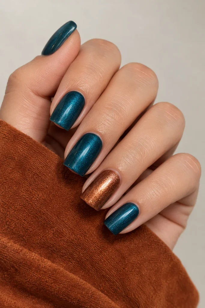 Petrol blue nails with warm copper accent nail