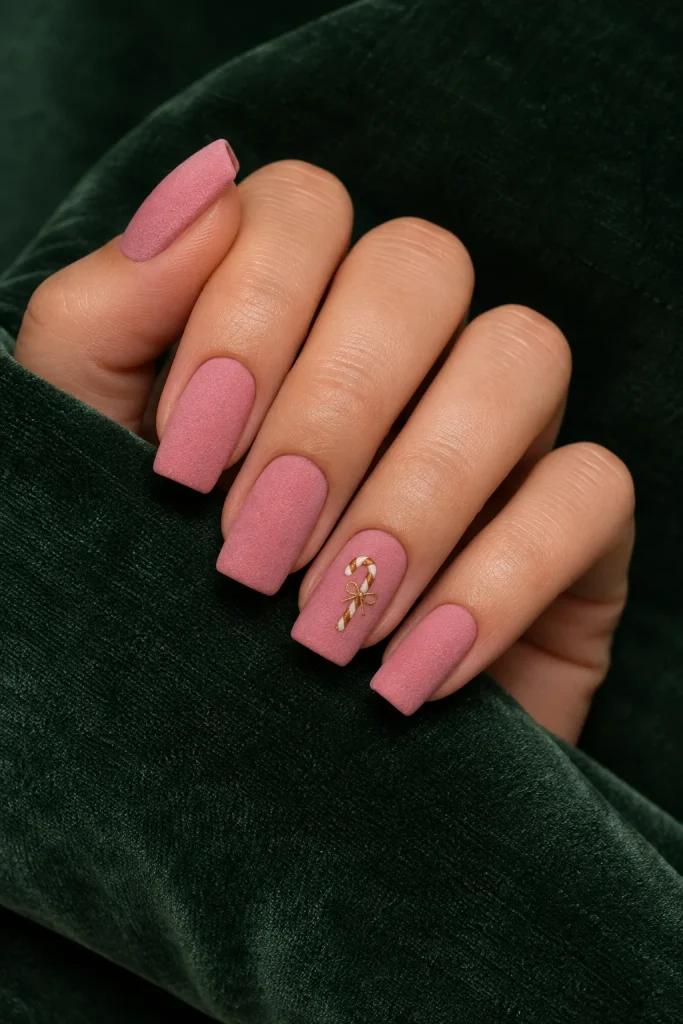 Pink velvet matte nails with gold candy cane accent