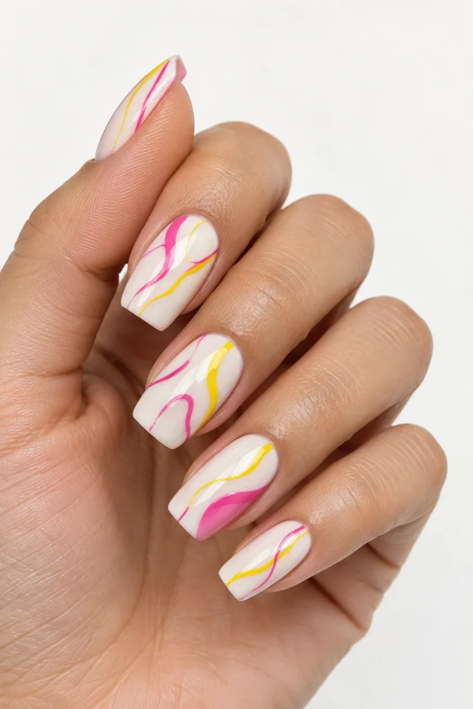 Pink and yellow abstract line art on nails