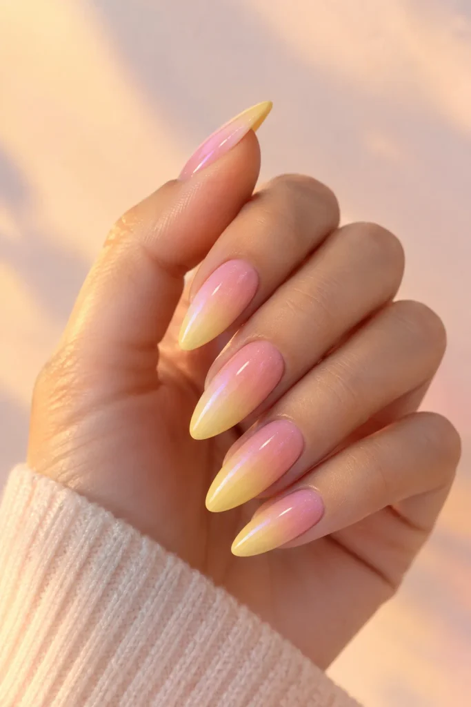 Pink and yellow ombre nails with smooth gradient finish