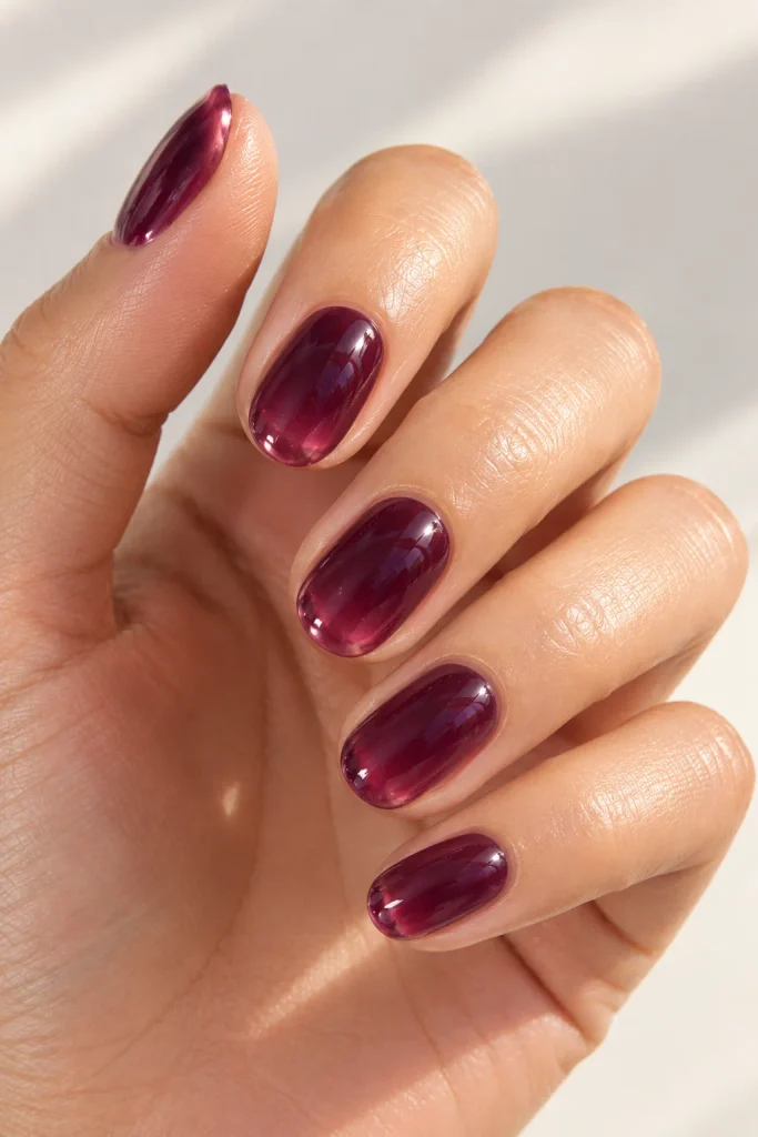 Translucent plum jelly nails with a glossy glass finish