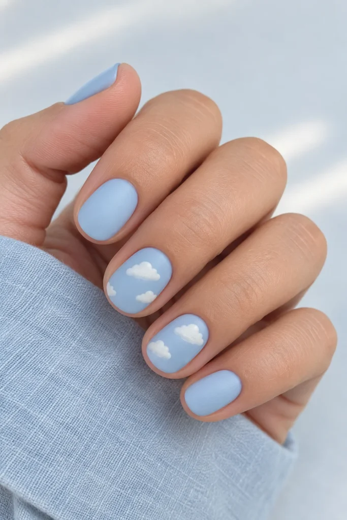Powder blue nails with matte white cloud details