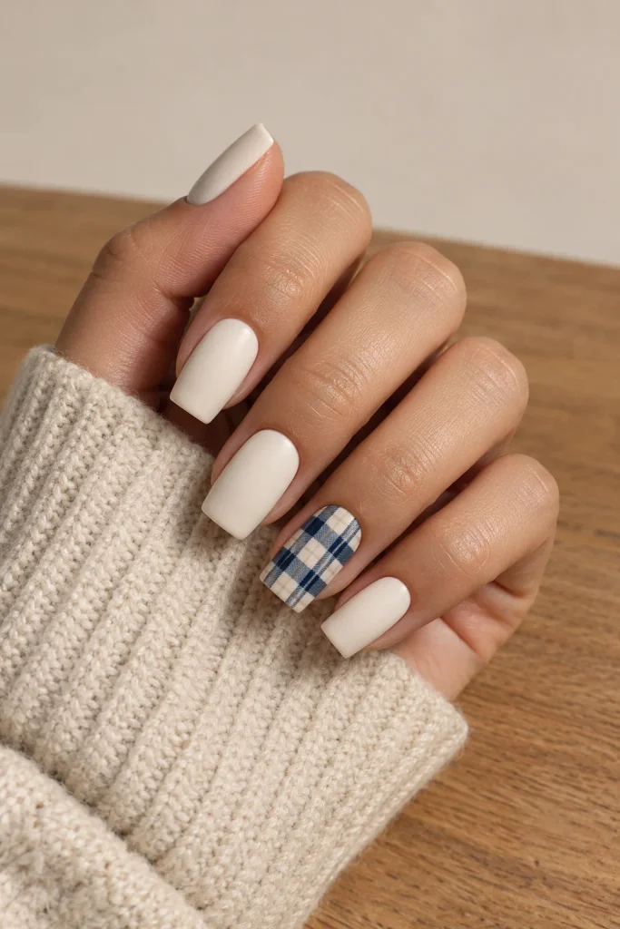 preppy plaid accent nail design with cream nails