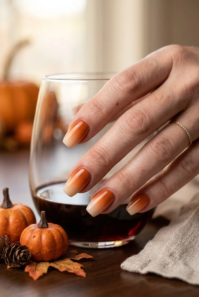 Pumpkin orange to cream ombre nails beside wine glass, mini pumpkins, and autumn leaves.