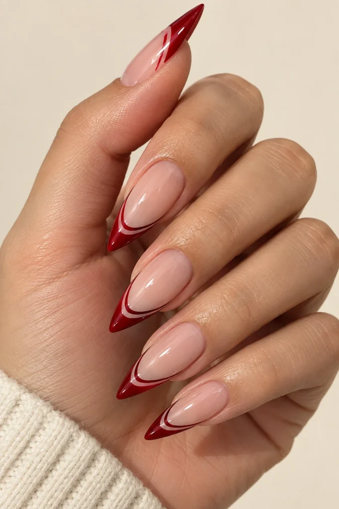 Red and nude double French tip manicure
