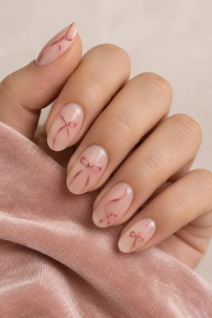 nude nails with ribbon and bow nail art