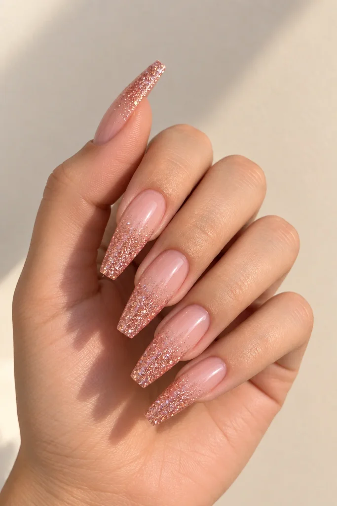 Rose gold ombre glitter French tip coffin nails