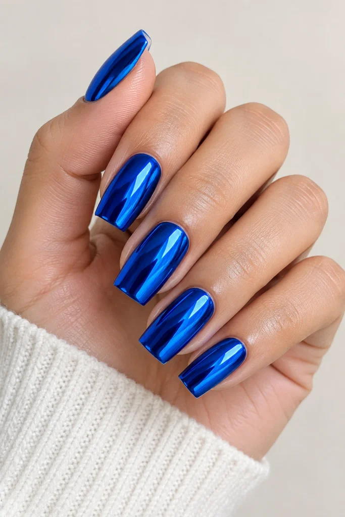 Metallic royal blue chrome nails with mirror shine