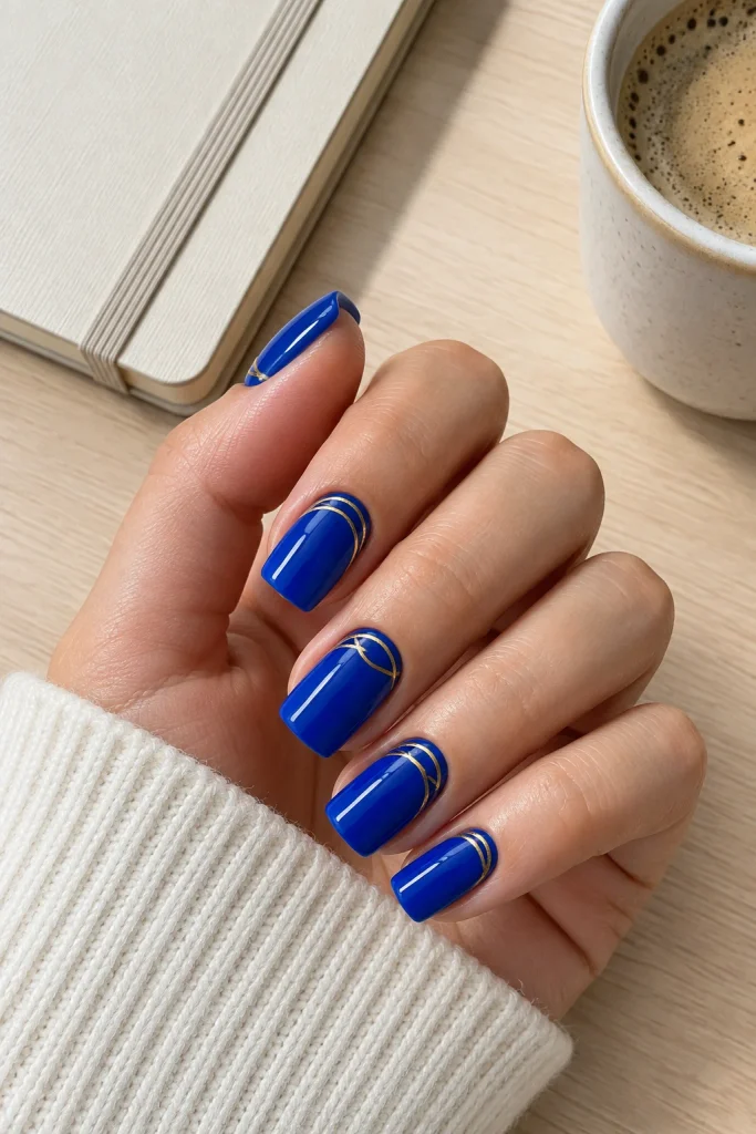 Royal blue nails decorated with delicate white line art