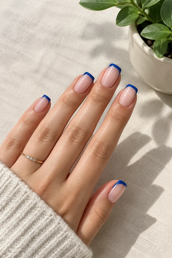 Royal blue French tip nails with sheer pink base