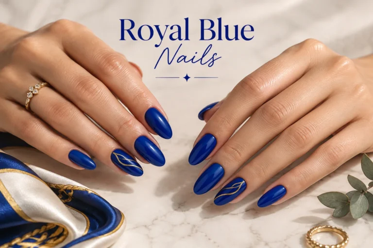 Elegant royal blue nails featuring polished stylish designs